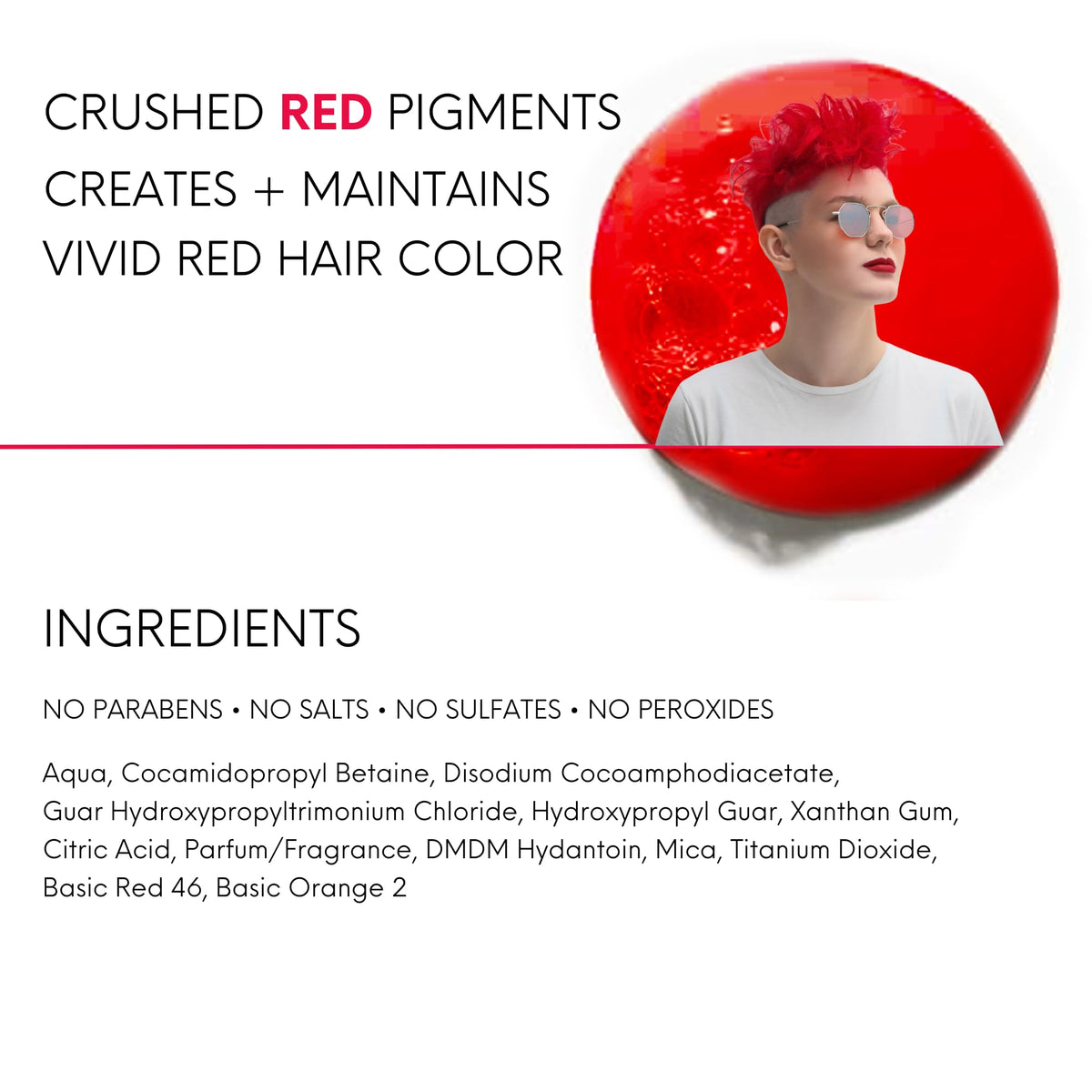 Watercolors shampoo texture in palm, creamy red formula demonstrating rich pigment