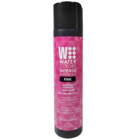 Watercolors pink pump and label closeup highlighting application ease and ingredient claims