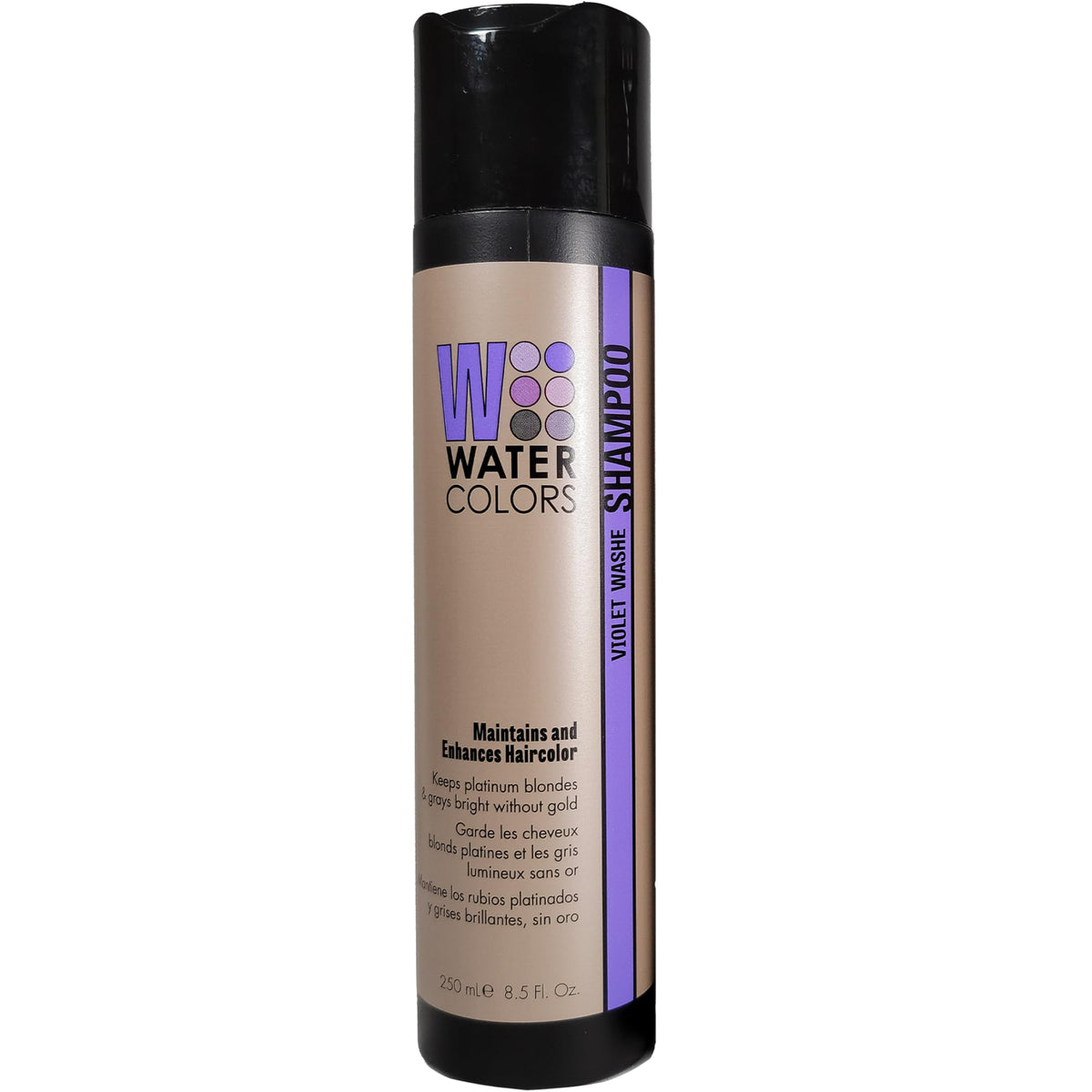 Watercolors front bottle showing violet washe label and benefits