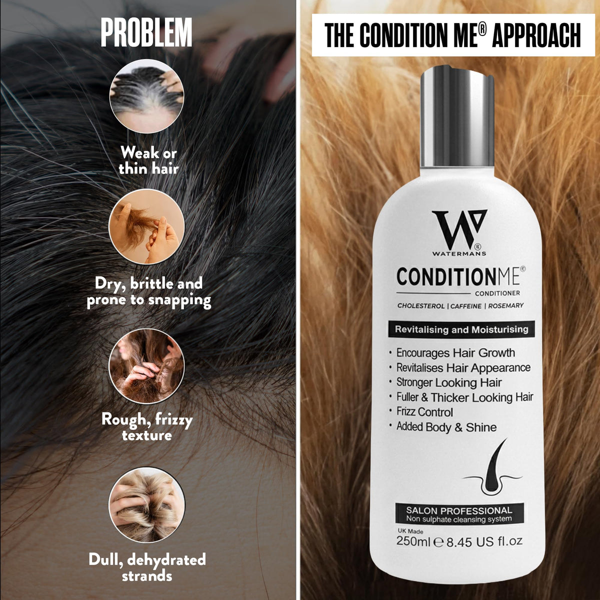 Watermans conditioner applied in shower demonstrating easy detangling