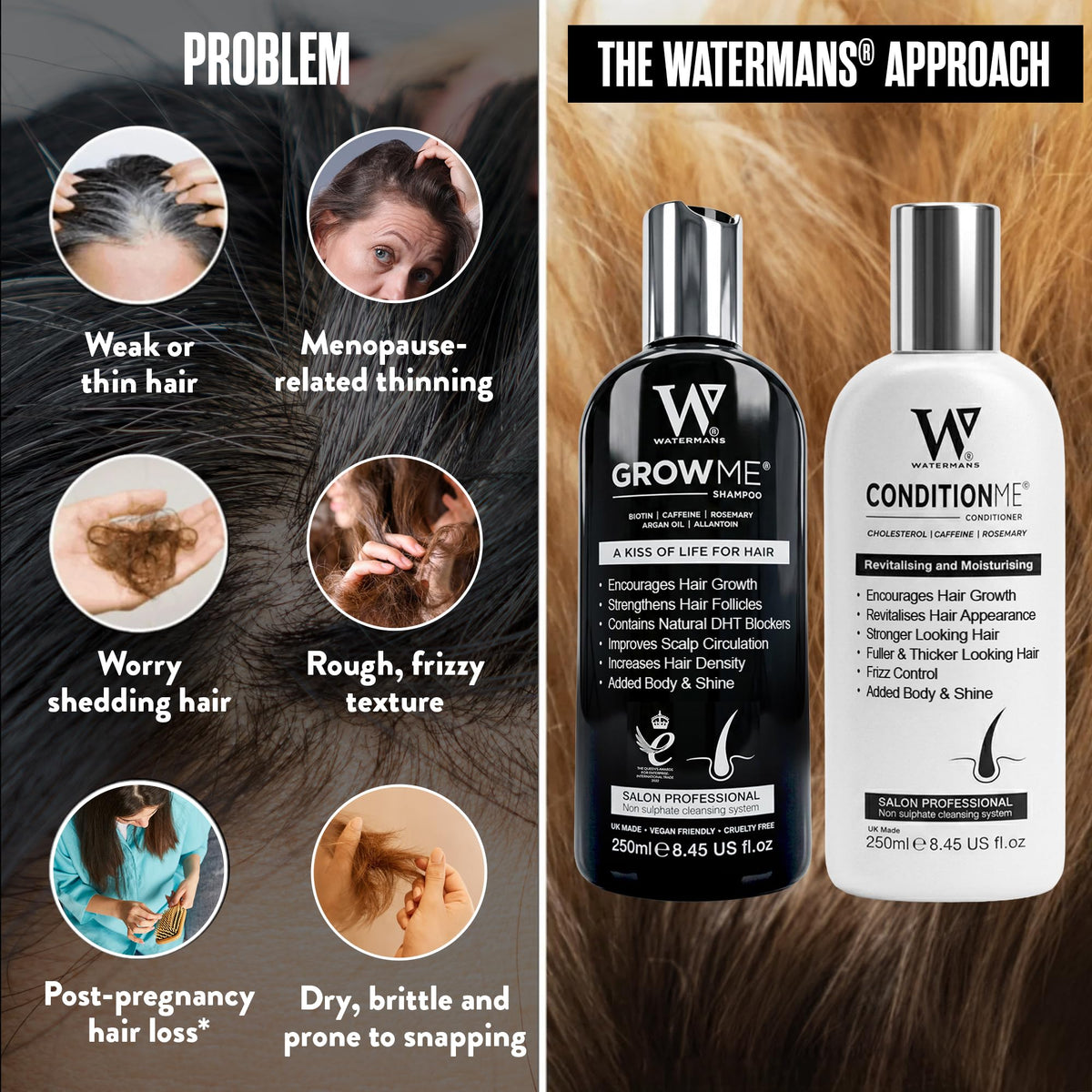 Watermans conditioner pouring into palm showing detangling benefit