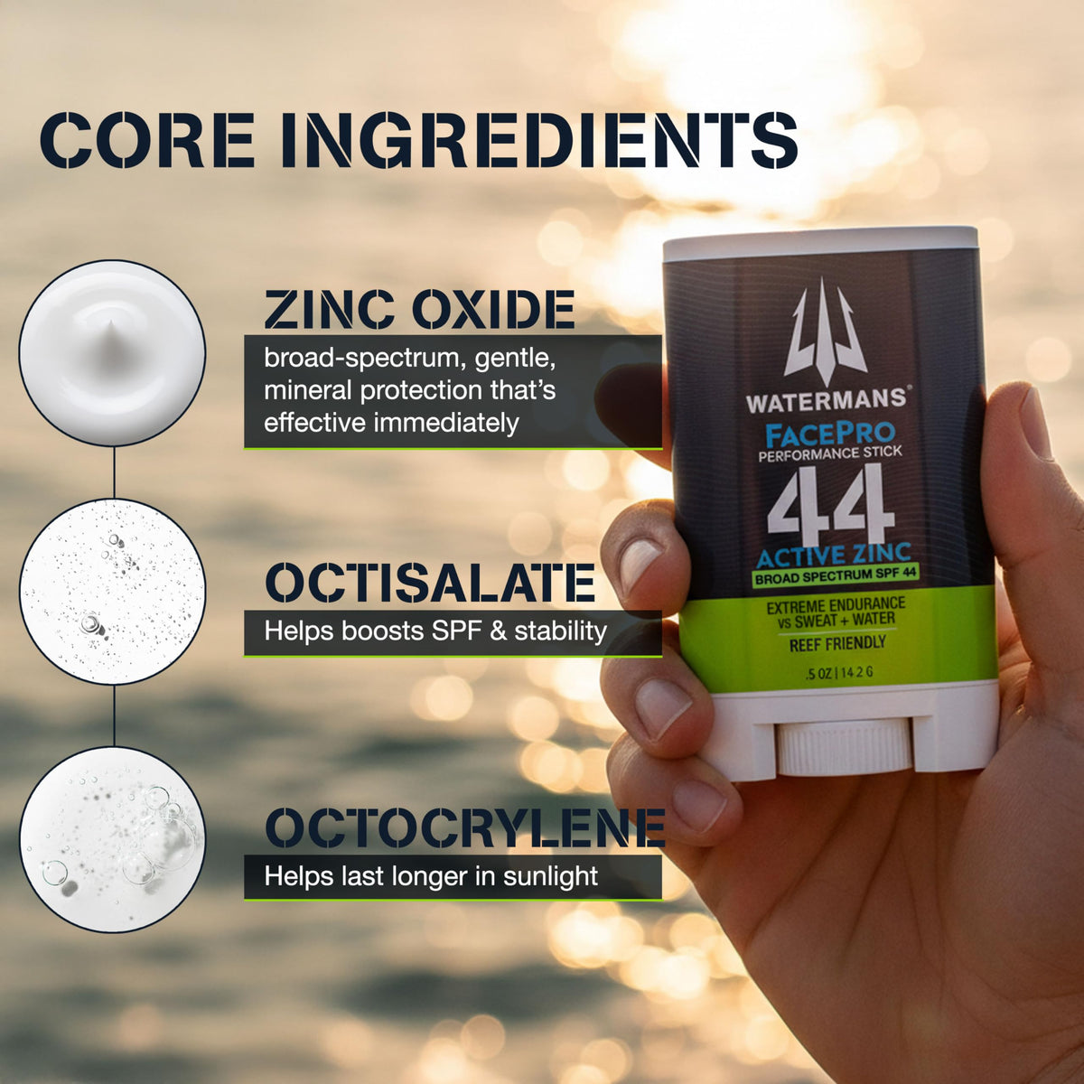 WATERMAN'S label close-up highlighting SPF 44 zinc oxide and reef-friendly claims