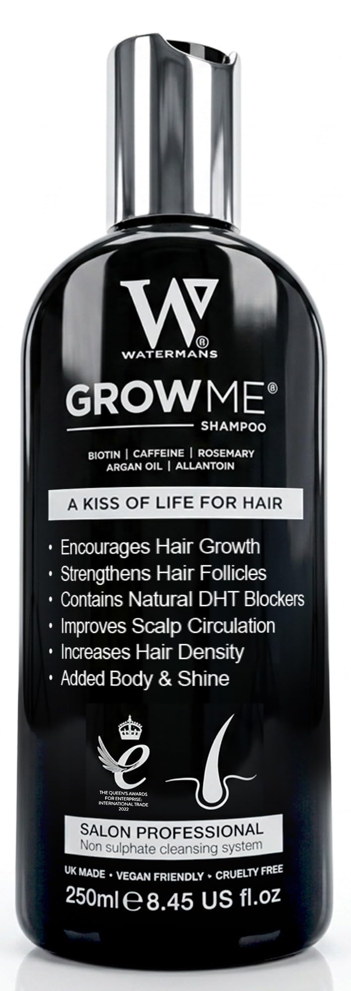 Watermans front packaging showing Grow Me shampoo benefits and volume