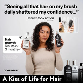 Watermans duo on bathroom shelf conveying daily haircare routine