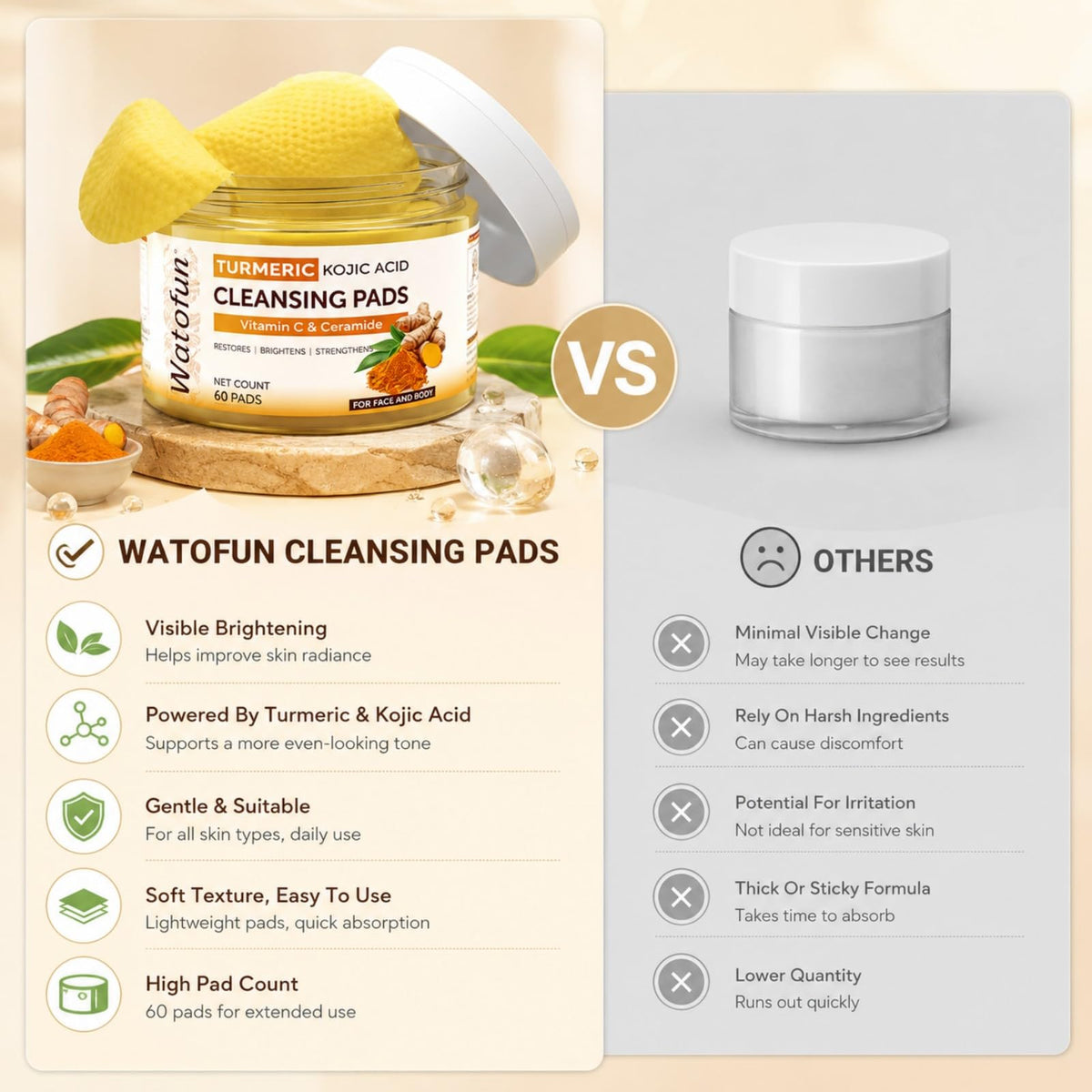 Watofun pad soaking solution detail displaying infused kojic and turmeric benefits