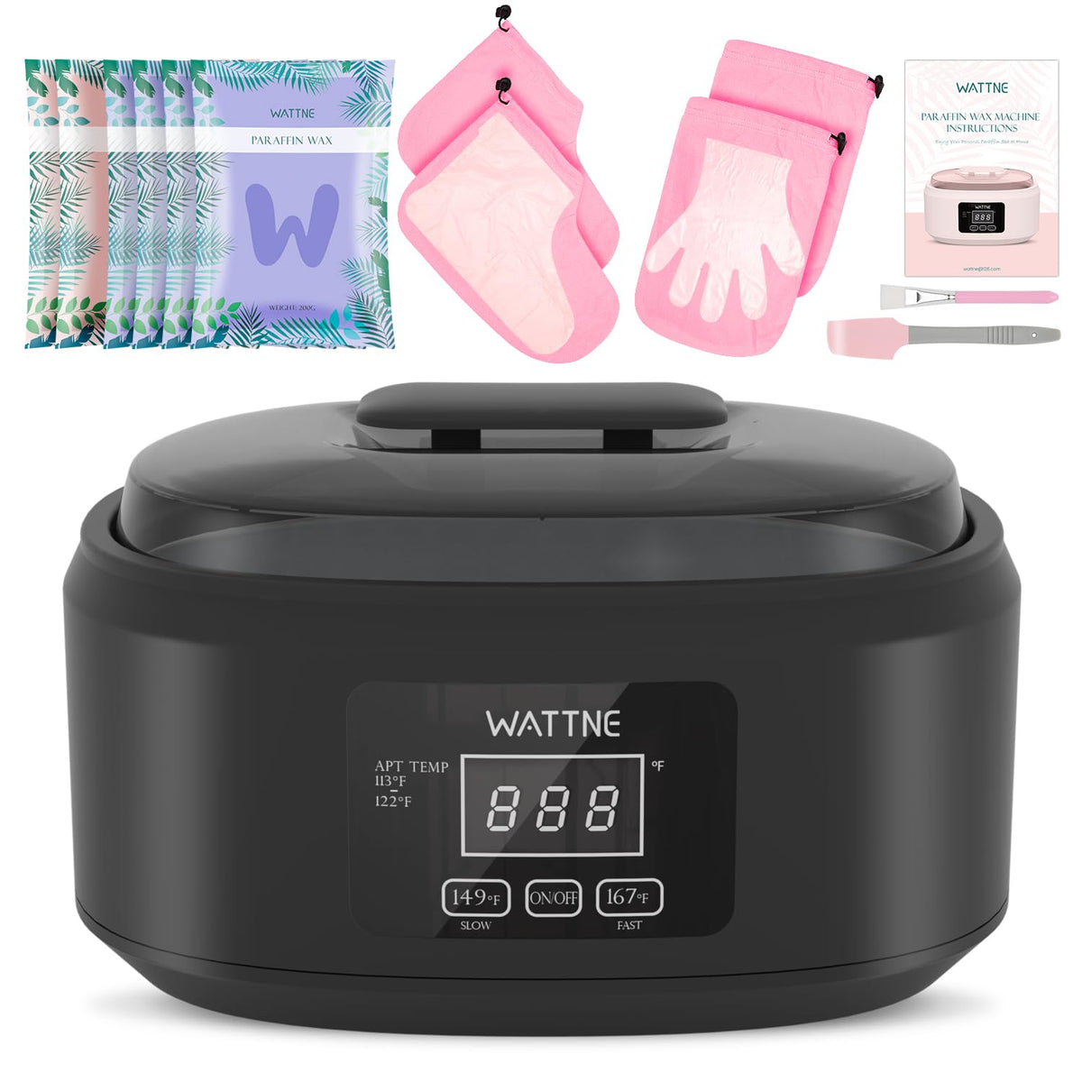 Wattne front view of black paraffin warmer showing compact design and easy placement