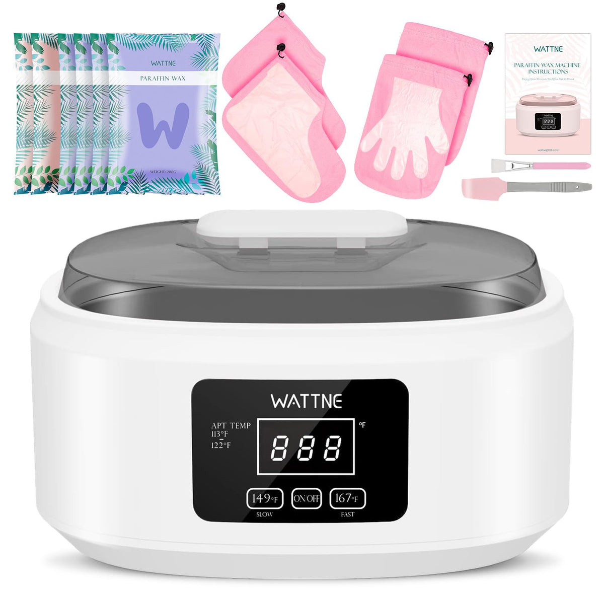 Wattne front view of white paraffin warmer showing compact design and stability