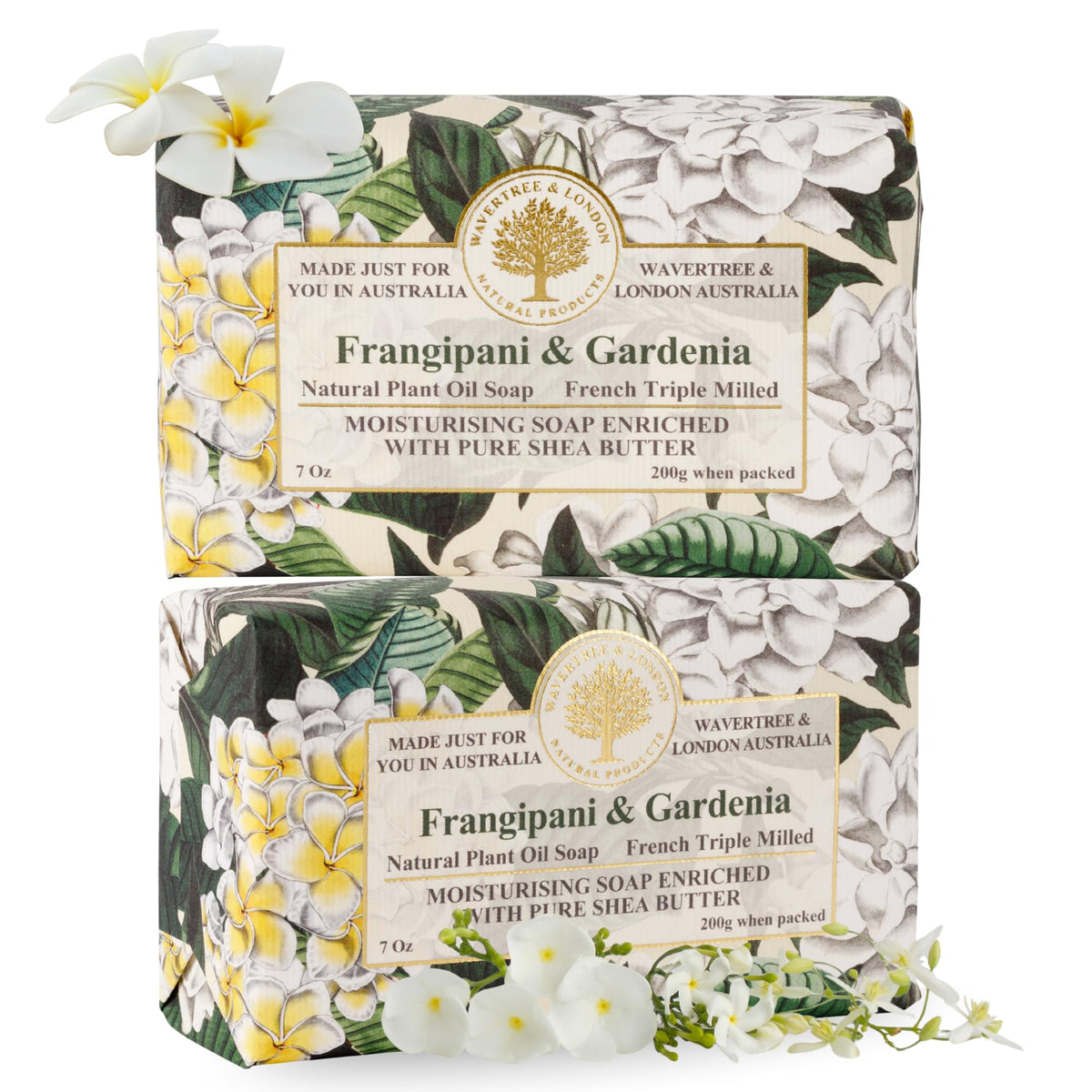 Wavertree & London front packaging showing two floral soap bars and gift presentation benefit