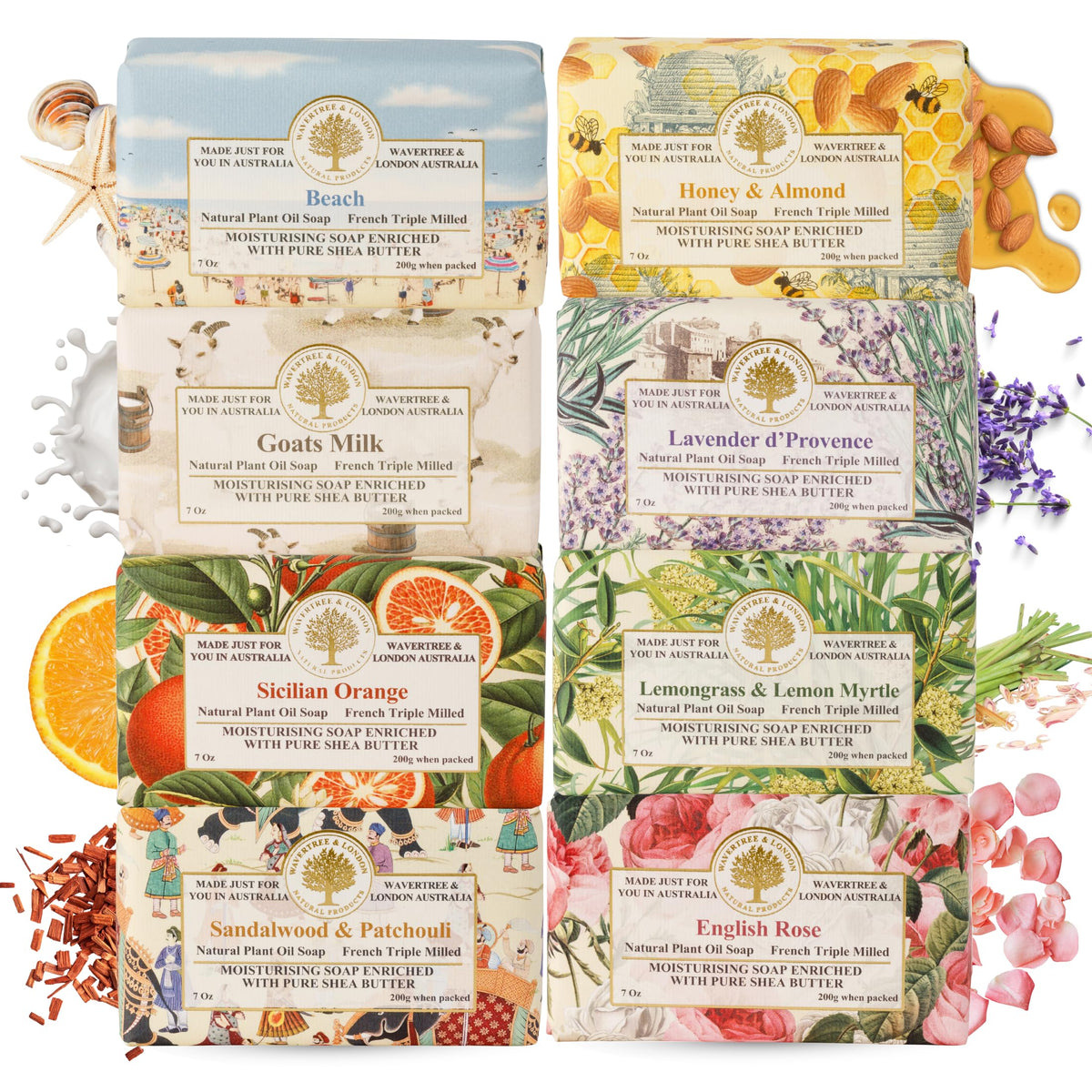 Wavertree & London front packaging showing eight assorted wrapped bars and scent names
