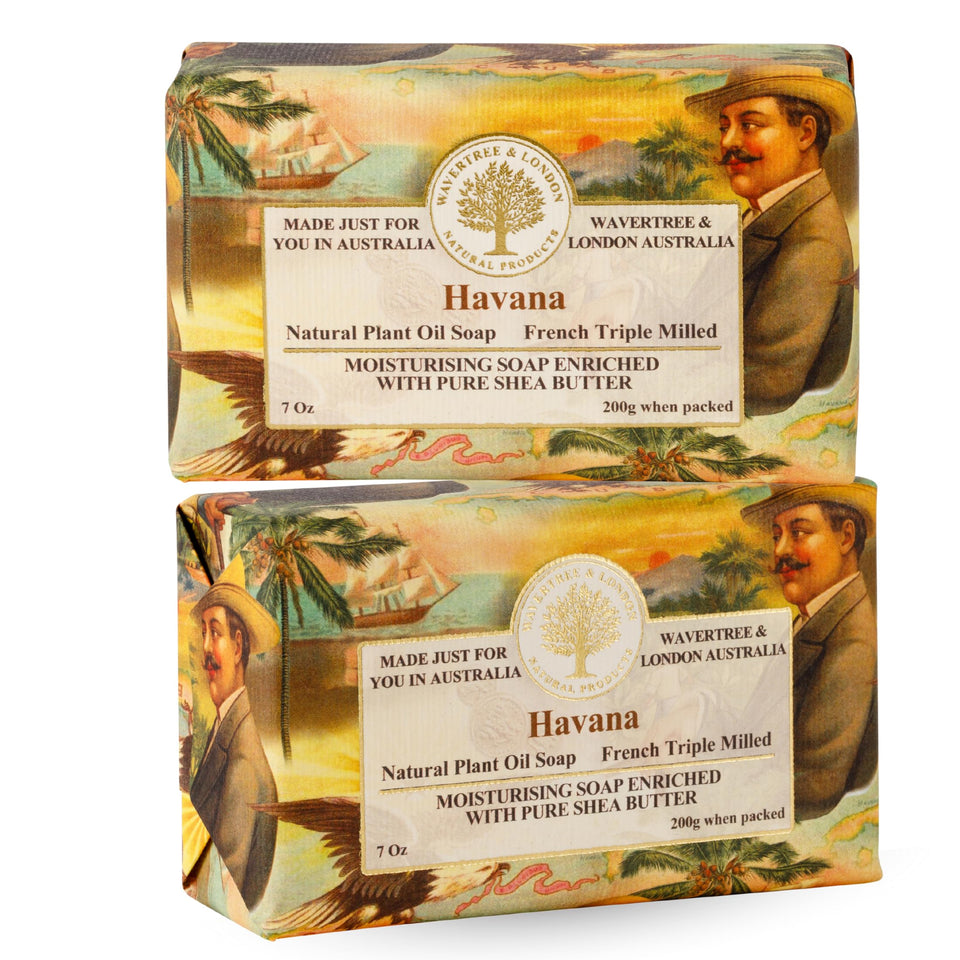 Wavertree & London front packaging showing two Havana soap bars and scent appeal