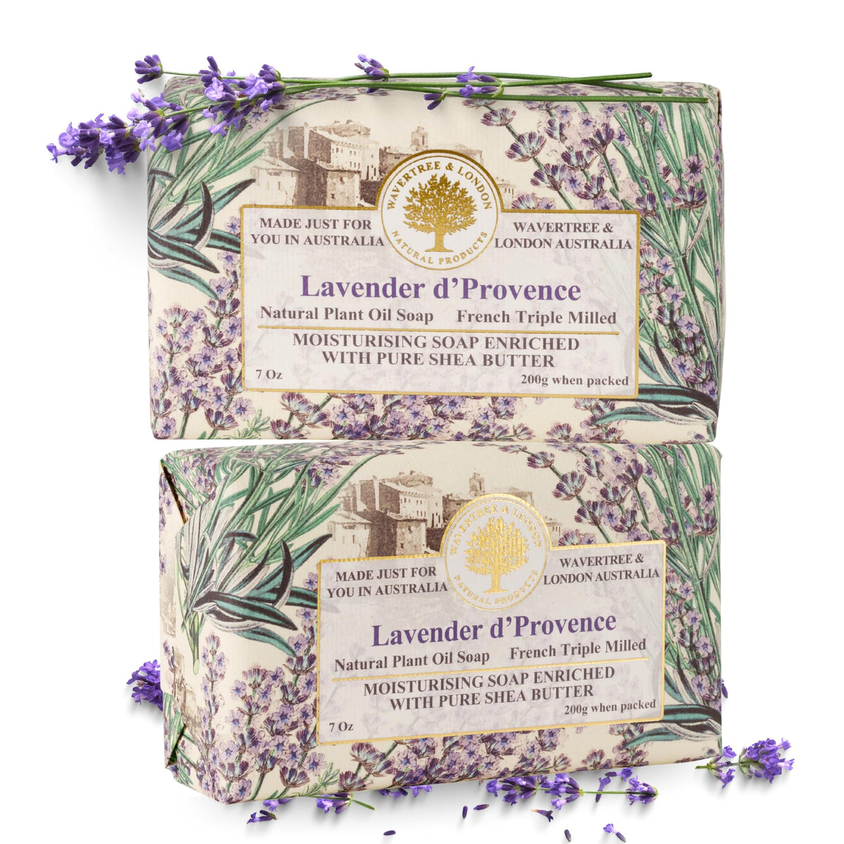 Wavertree & London front packaging showing two lavender bars and gift wrap benefit: elegant presentation