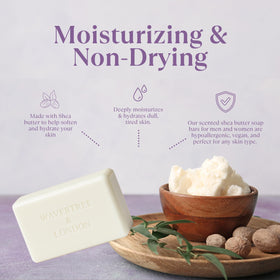 Wavertree & London creamy lather on soap showcasing rich foam and moisturizing benefit