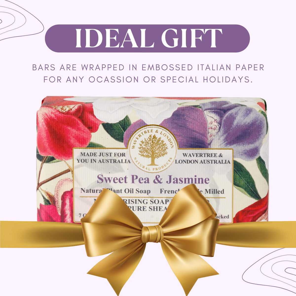 Wavertree & London soap bars styled in bathroom gift setup, conveys luxury presentation benefit