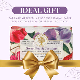 Wavertree & London soap bars styled in bathroom gift setup, conveys luxury presentation benefit