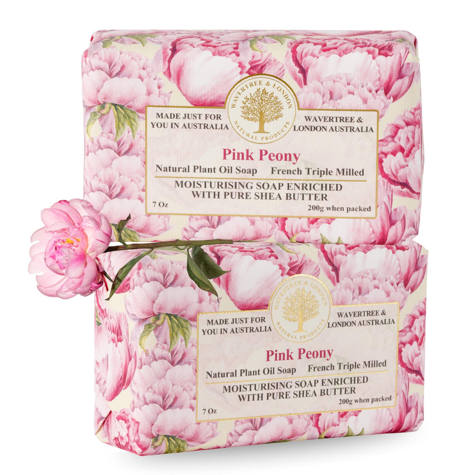 Wavertree & London front packaging showing two pink peony soap bars and gift embossing