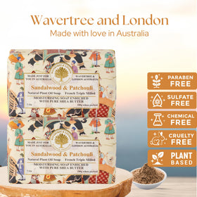 Wavertree & London close-up of embossed soap bar texture, highlights long-lasting quality
