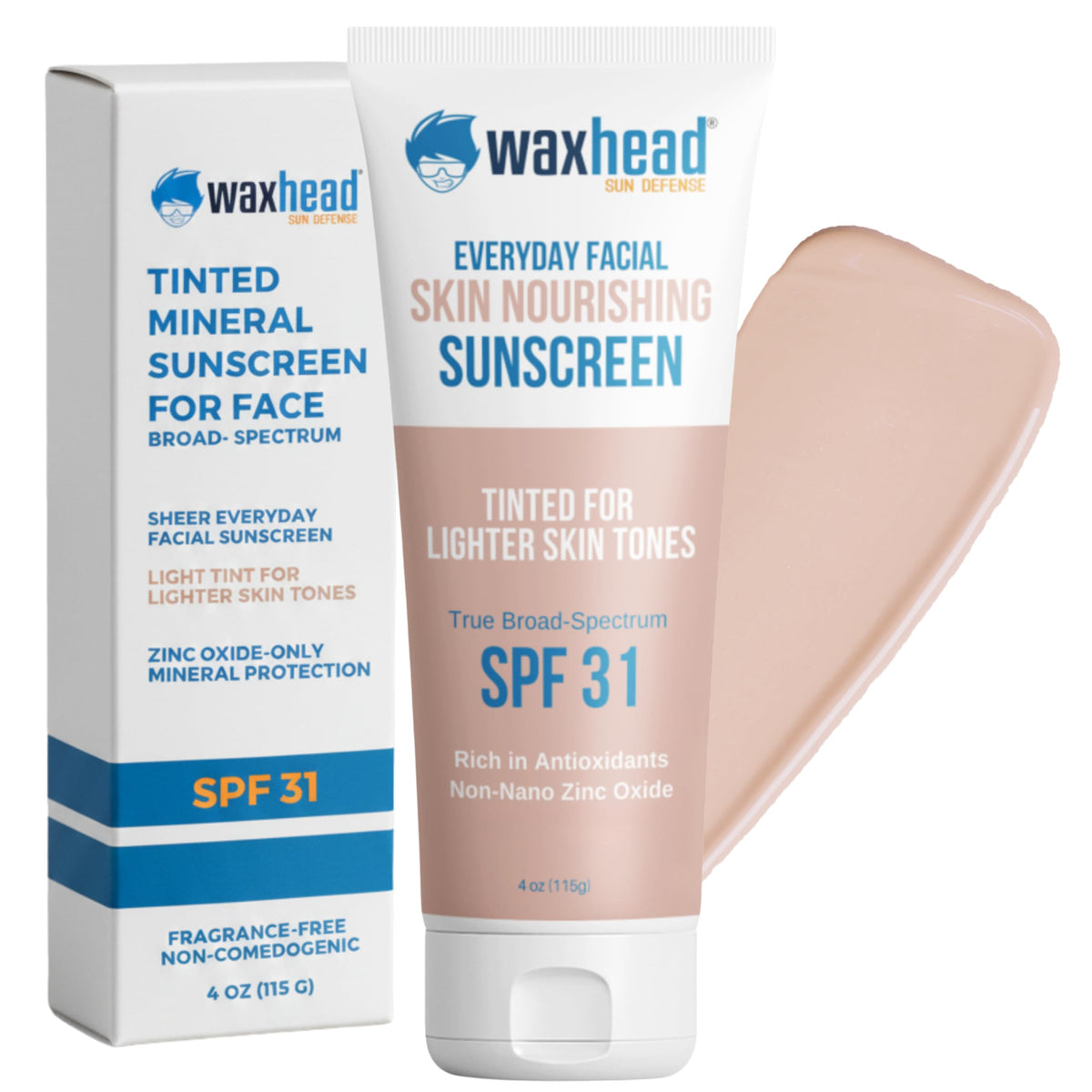 Waxhead front tube light tint showing SPF 31 and tinted moisturizer benefit