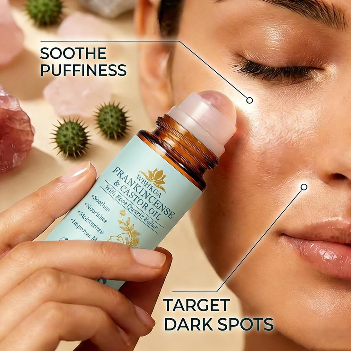 WBHKGA roll-on in use under-eye application, reduces puffiness appearance