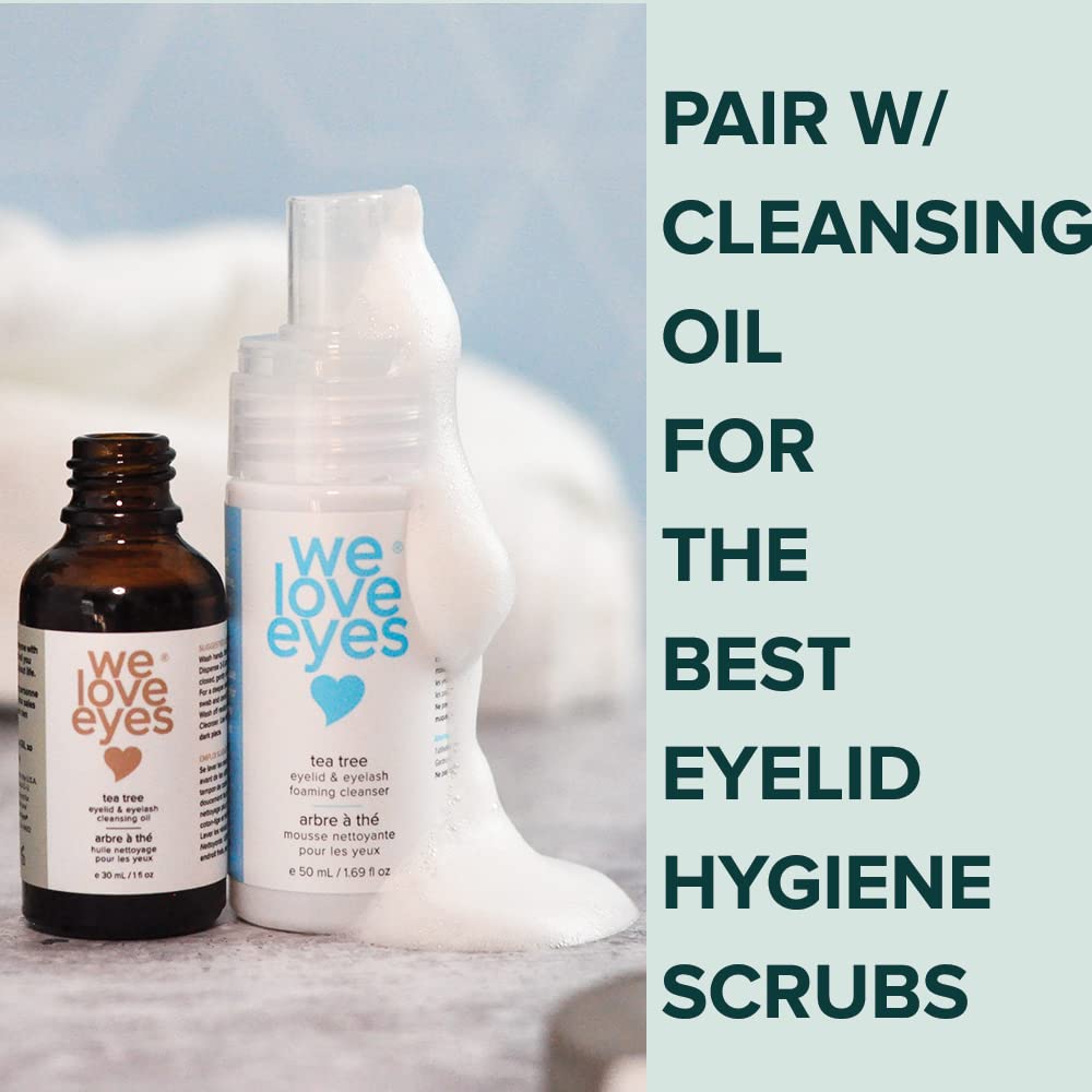 We Love Eyes bottle beside eyelash extensions indicating compatibility and gentle care