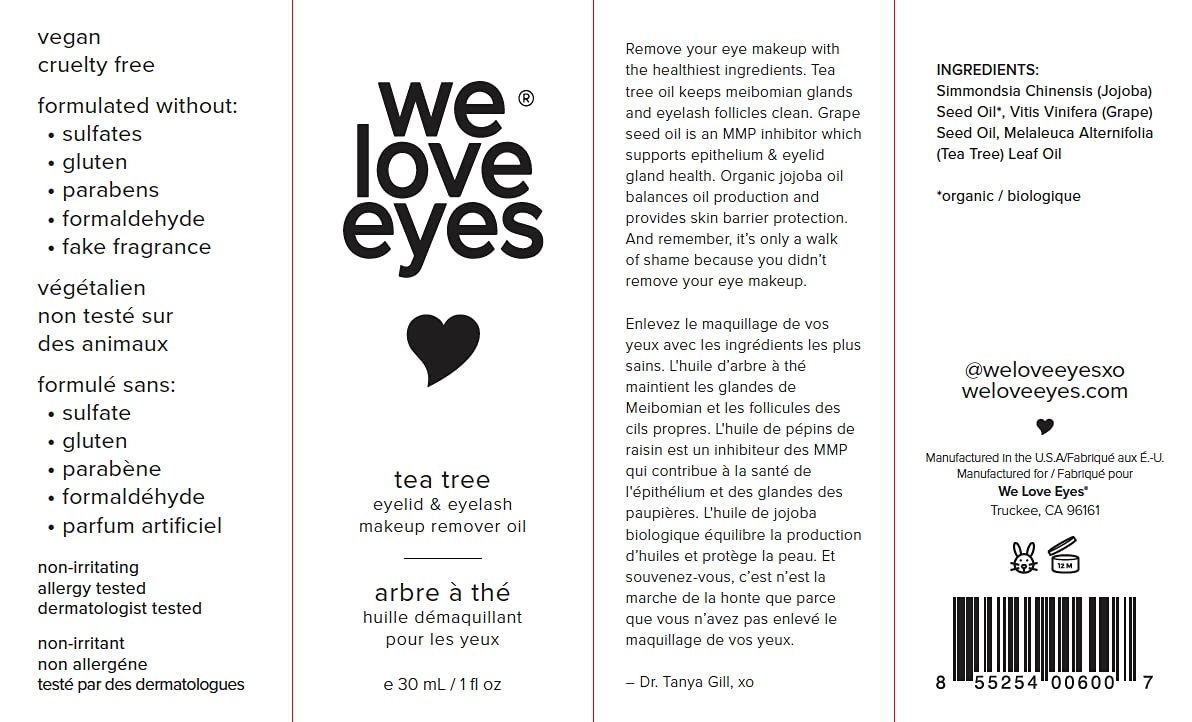 We Love Eyes manufacturing batch and test label showing quality assurance benefit