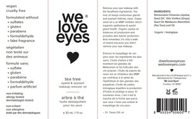 We Love Eyes manufacturing batch and test label showing quality assurance benefit