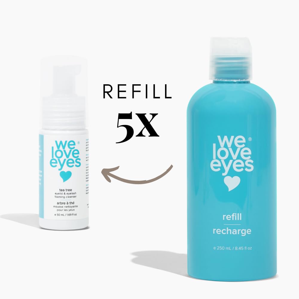 We Love Eyes refill being poured into a dispenser for easy eco-friendly refill use