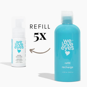 We Love Eyes refill being poured into a dispenser for easy eco-friendly refill use