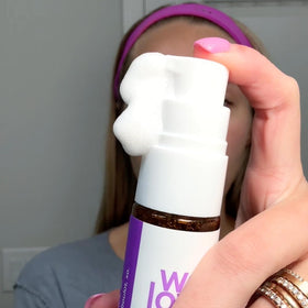 We Love Eyes cleanser applied on closed eyelids demonstrating easy removal
