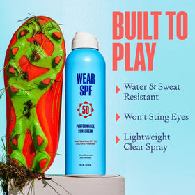 WearSPF spray in action applied to athlete showing quick, no-rub coverage benefit