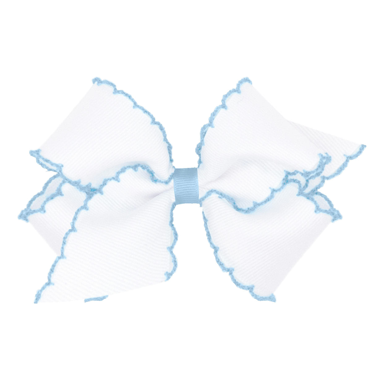 Wee Ones front view of white with blue medium grosgrain bow showing polished look