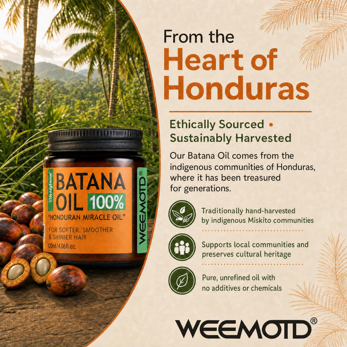 WEEMOTD label close-up noting Honduran origin and unrefined Batana, signals purity