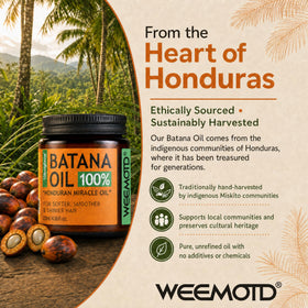 WEEMOTD label close-up noting Honduran origin and unrefined Batana, signals purity