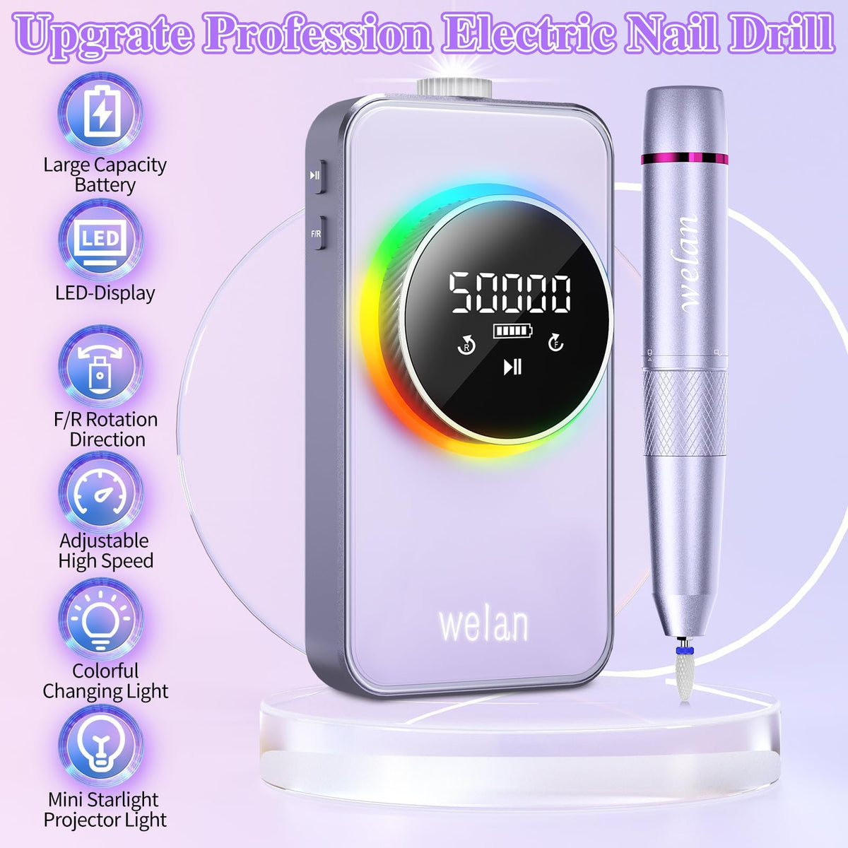 Welan handpiece closeup highlighting metal finish and ergonomic grip benefit
