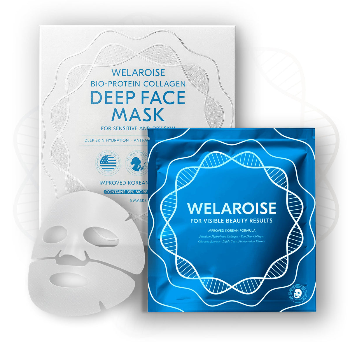 Welaroise front packaging showing pack of five masks and benefits