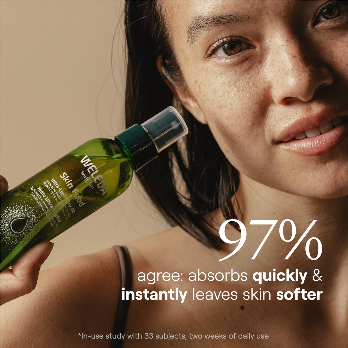 Weleda fine-mist spray close-up delivering even, weightless hydration