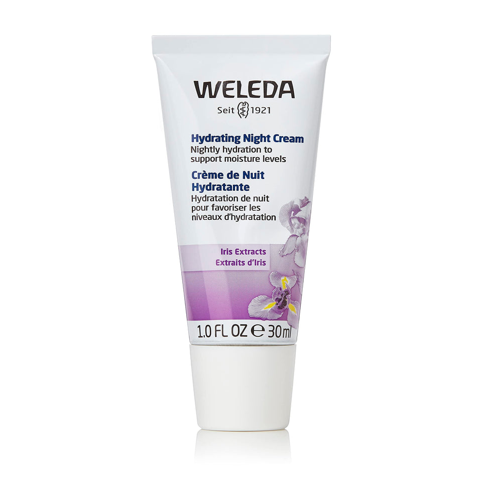 Weleda hydrating night cream front tube showing packaging and brand benefits