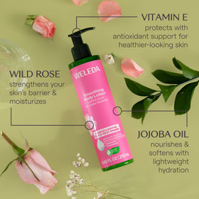Weleda ingredients display with rosehip and apricot oils, natural nourishment