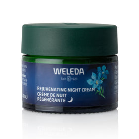 Weleda night cream front packaging showing jar and cap, brand overnight hydration benefit