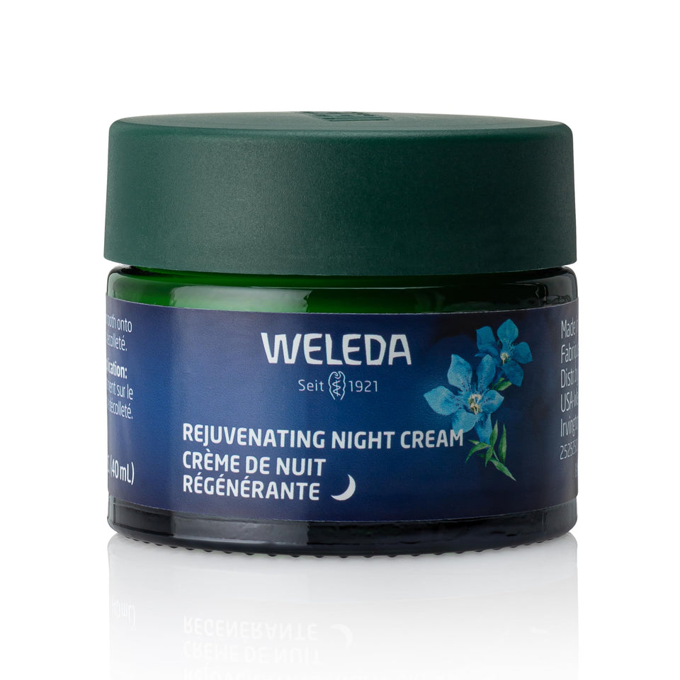 Weleda night cream front packaging showing jar and cap, brand overnight hydration benefit