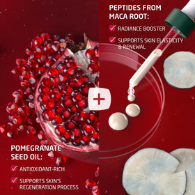 Weleda plumping serum with pomegranate seeds to show natural oil source benefit: radiant-looking skin