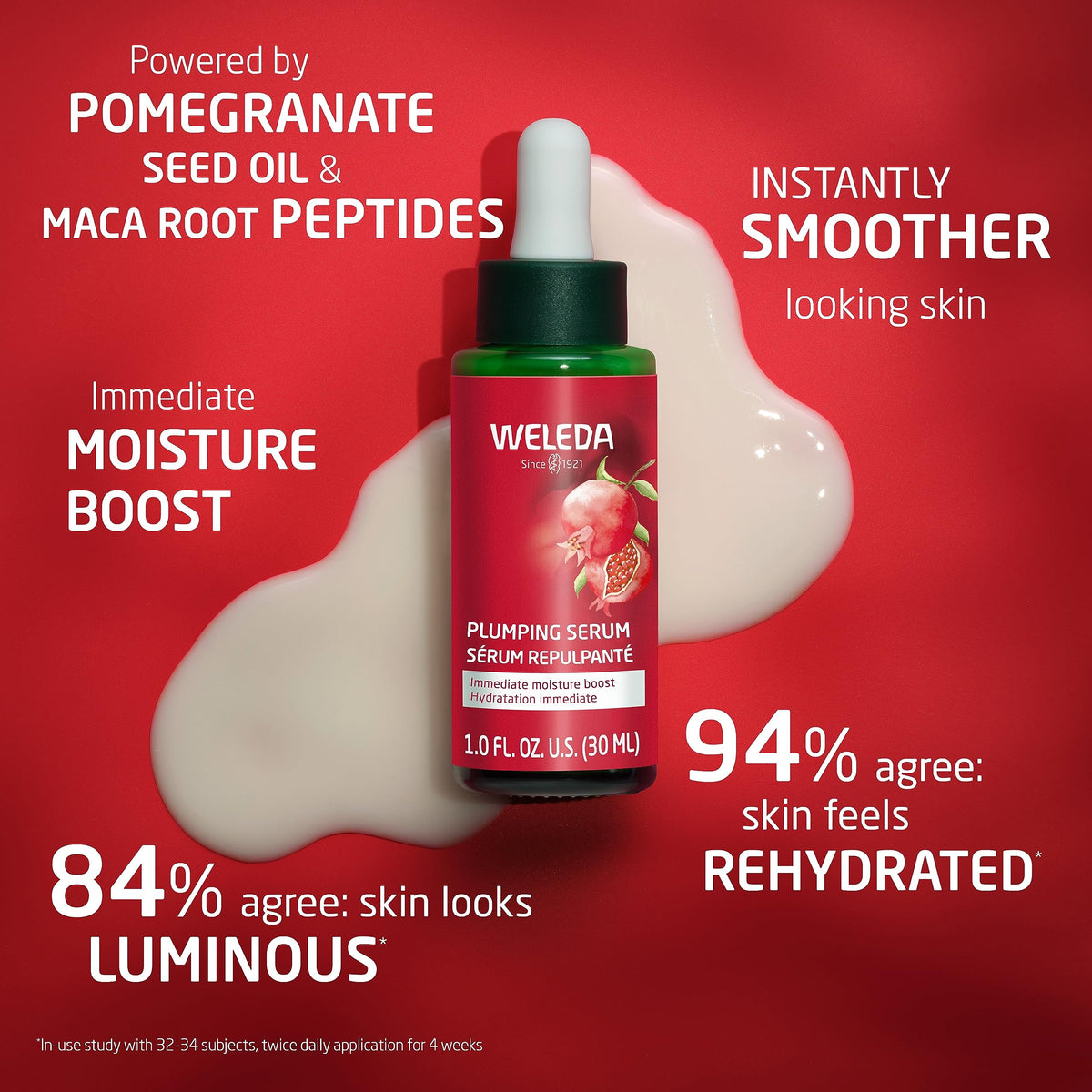 Weleda plumping serum pump close-up highlighting dispenser for controlled application benefit: precise dosing