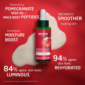 Weleda plumping serum pump close-up highlighting dispenser for controlled application benefit: precise dosing