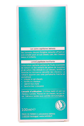 Hand holding Weleda rosemary tonic bottle illustrating travel-friendly 100ml convenience