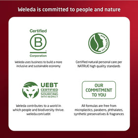 Weleda jar held in hand showing size and easy application benefit