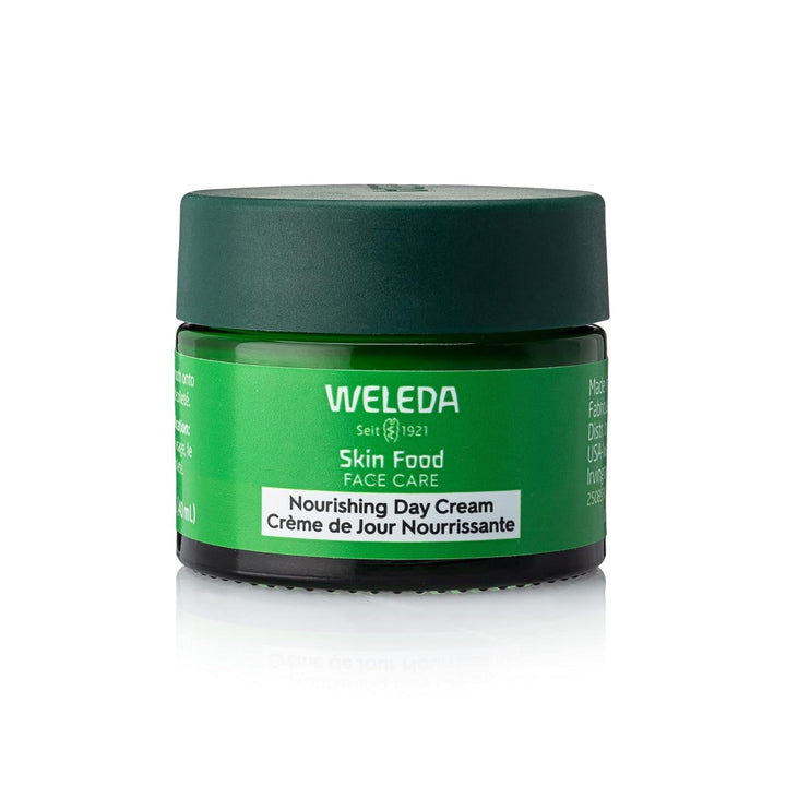 Weleda Skin Food front jar showing brand and compact size, hydration on the go