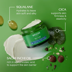 Weleda Skin Food jar label closeup showing ingredients and NATRUE certification