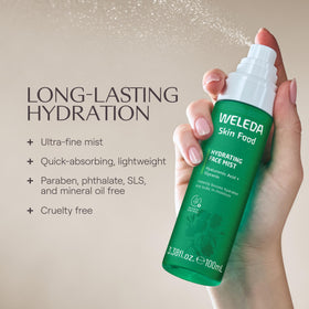 Botanical ingredients arrangement with Weleda Skin Food mist conveying calming plant nourishment