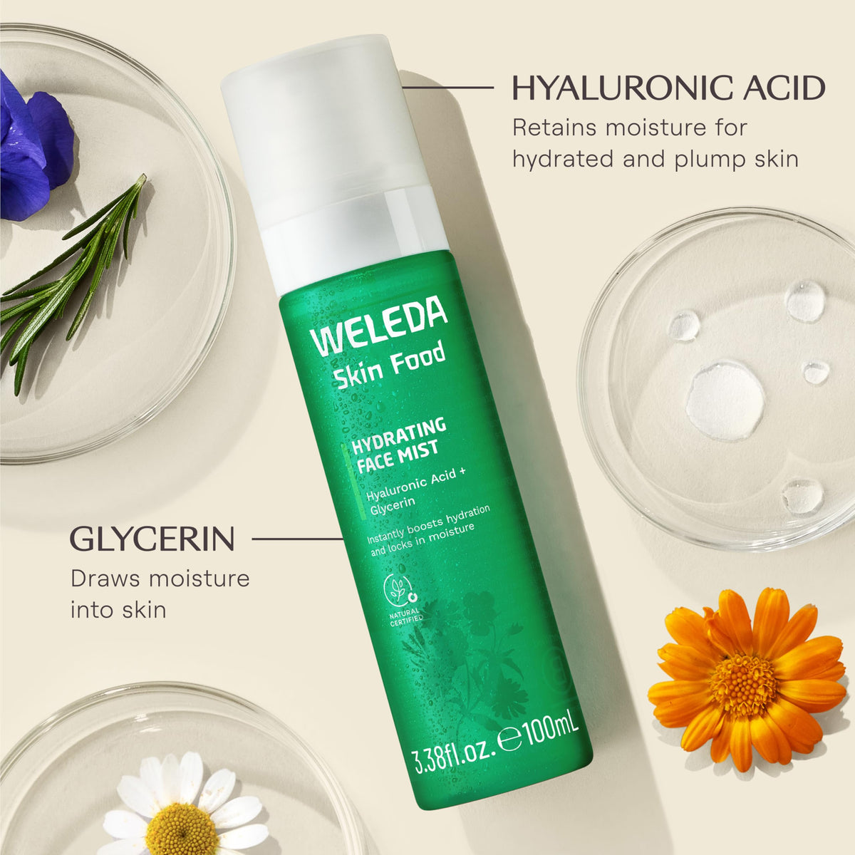 Weleda Skin Food mist milky texture droplet highlighting hyaluronic hydration benefits