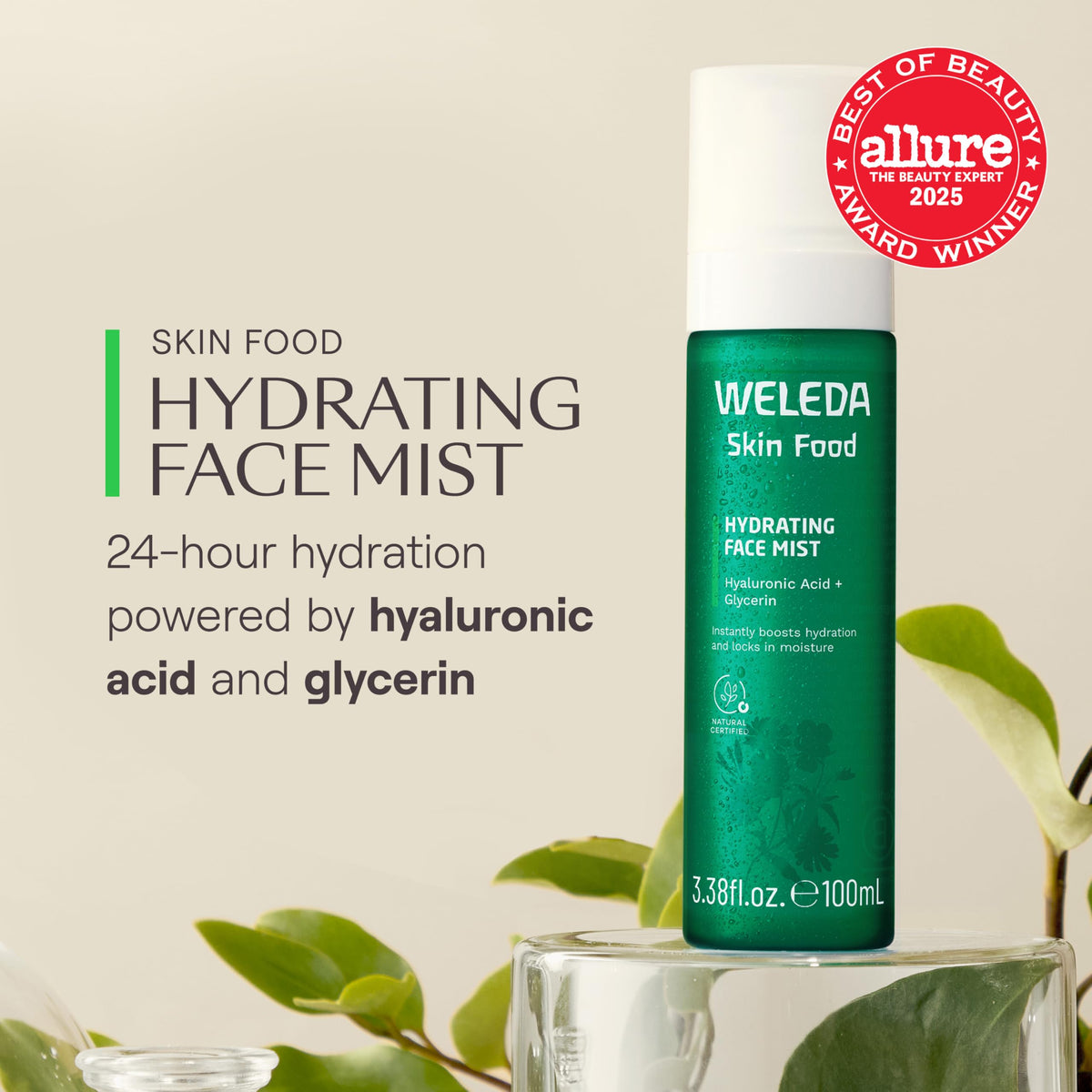 Weleda Skin Food mist nozzle close-up demonstrating ultra-fine spray for even application