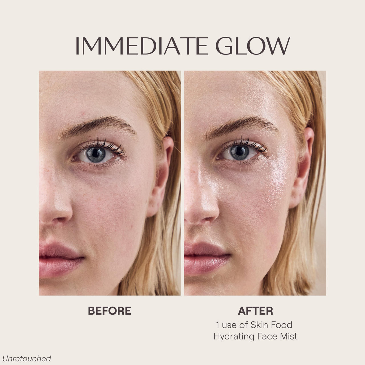 Person spraying Weleda Skin Food mist on face for a dewy, refreshed finish